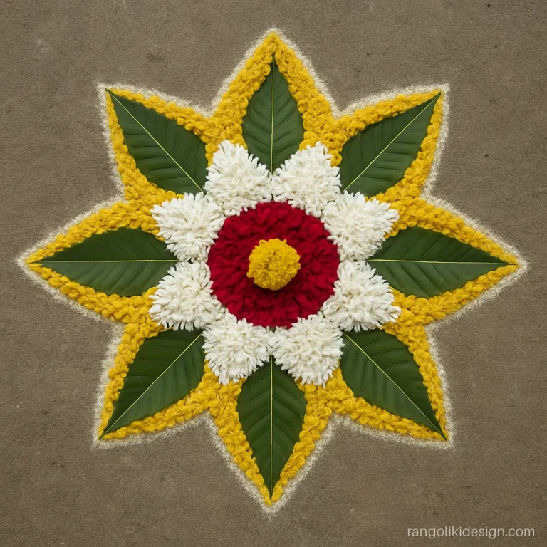 Rangoli designs with flowers made of white shevanti and yellow marigold petals for a wedding
