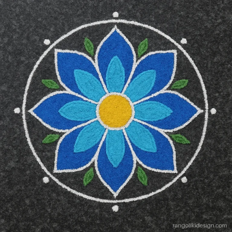 Floral rangoli designs with an eight petal blue and white flower inside a circle