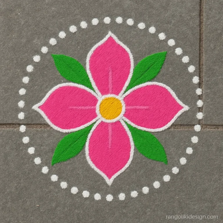 Simple flower rangoli design with a five petal pink flower and green leaves at a doorstep