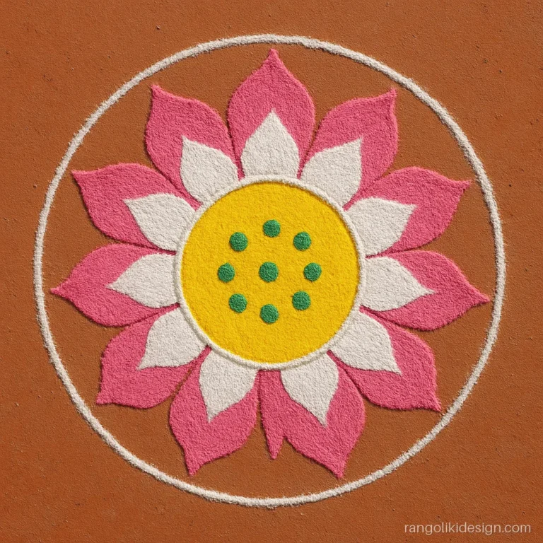 Simple lotus rangoli designs seen from the top with white and pink petals