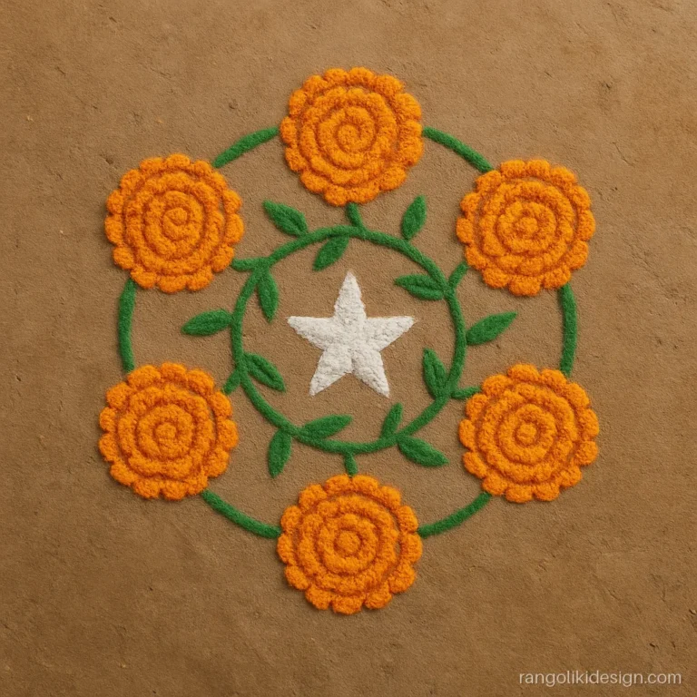 Rangoli designs with flowers drawn as six round orange marigolds in a ring