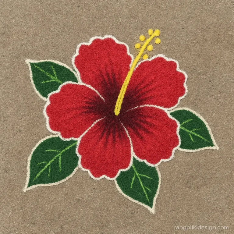 Simple flower rangoli designs with colours showing a red hibiscus and dark green leaves