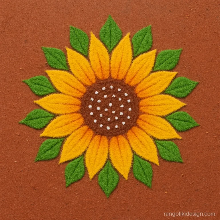 Rangoli flower design with a yellow sunflower and brown centre on a red floor