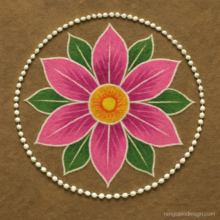 Unique flowers rangoli designs with a big pink flower and a real jasmine border