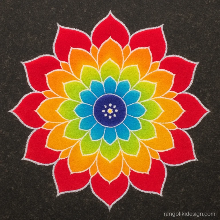 Unique flower rangoli designs with a big dahlia in seven rainbow coloured petal rings