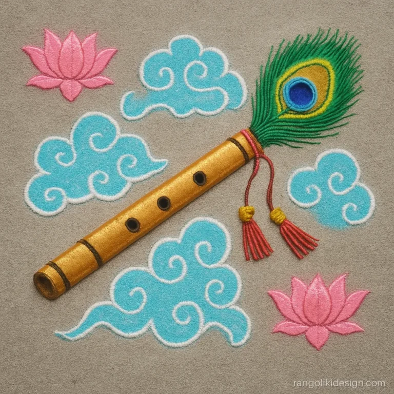 Free hand big rangoli designs with a flute, a peacock feather and lotus corners