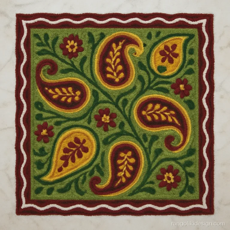 Free hand big rangoli designs with colours in a square of paisleys and flowers