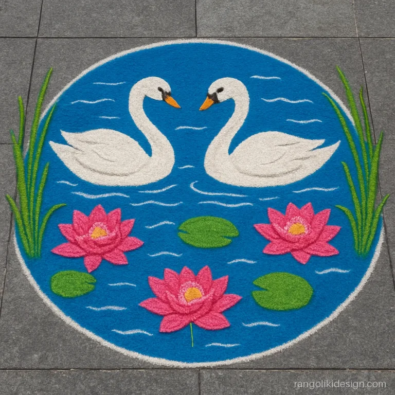 Free hand big rangoli with two white swans on a blue lake with pink lotuses