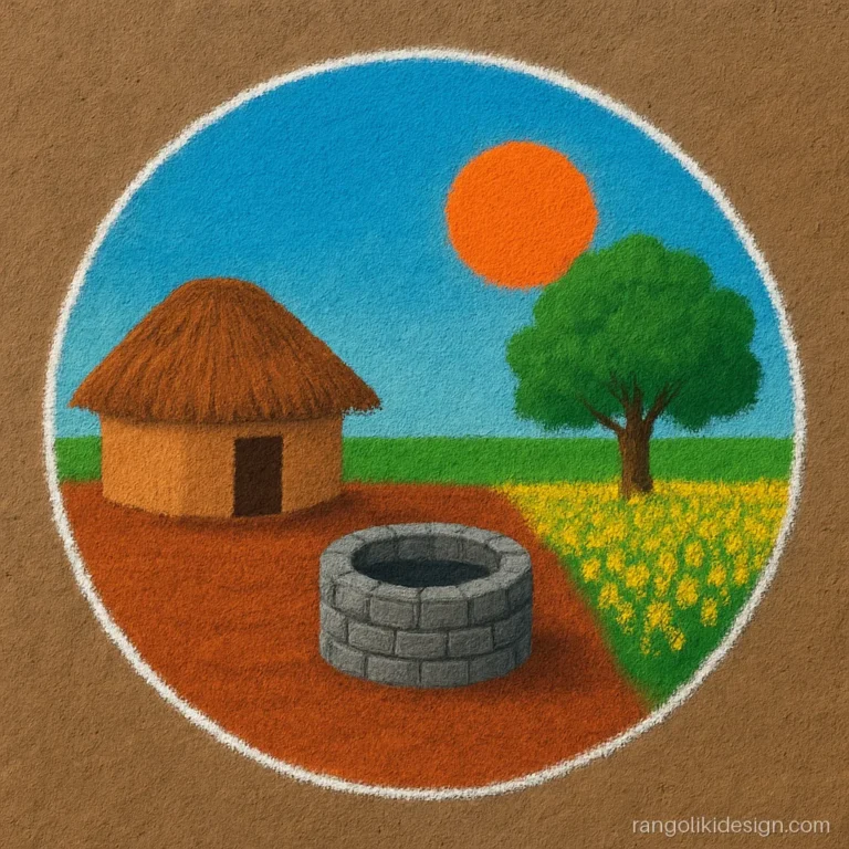 Simple beautiful free hand big rangoli designs with a village hut, tree and sun