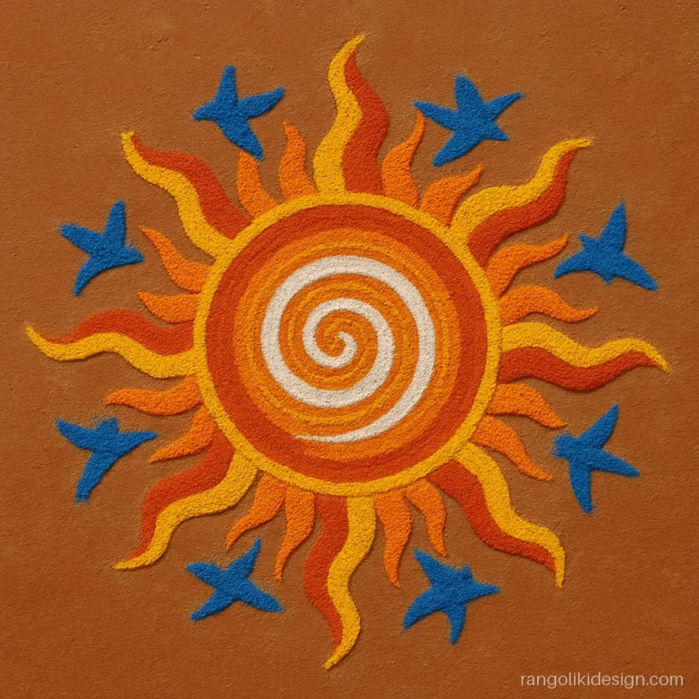 Free hand big rangoli with a wavy sun and a ring of blue birds