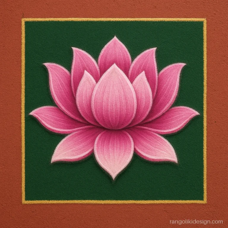 Free hand rangoli for competition with a 3D shaded lotus on dark green