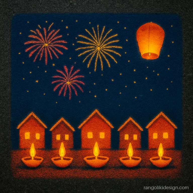 Freehand diwali rangoli designs for competition showing a night lit with diyas