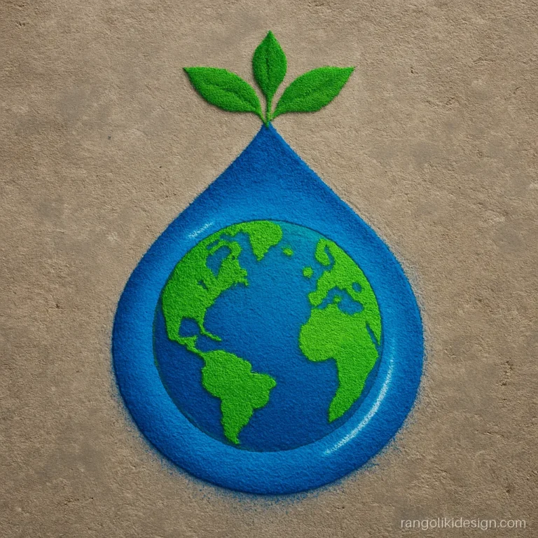 Free hand rangoli for competition showing the earth inside a blue water drop