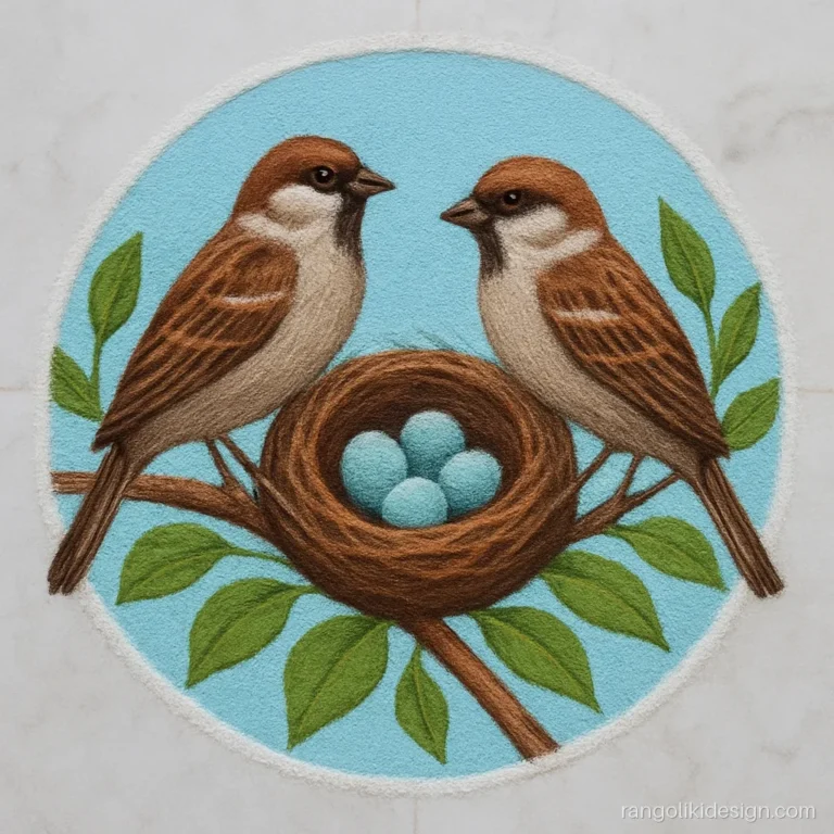 Beautiful free hand rangoli designs for competition with two sparrows and a nest