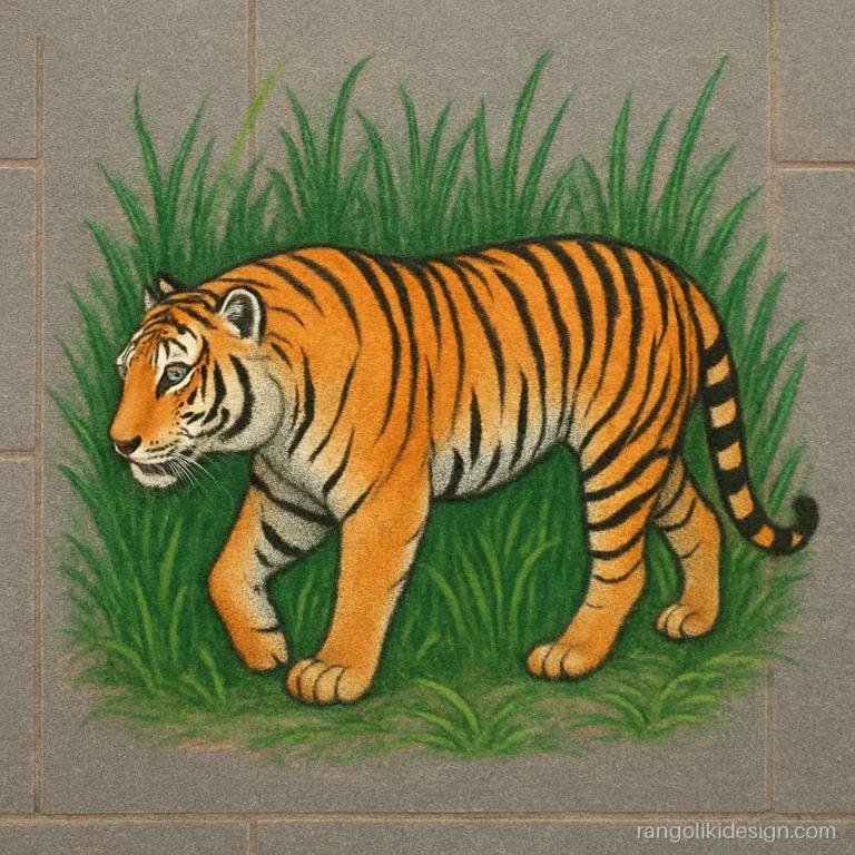 Free hand rangoli for competition with a shaded tiger walking through grass