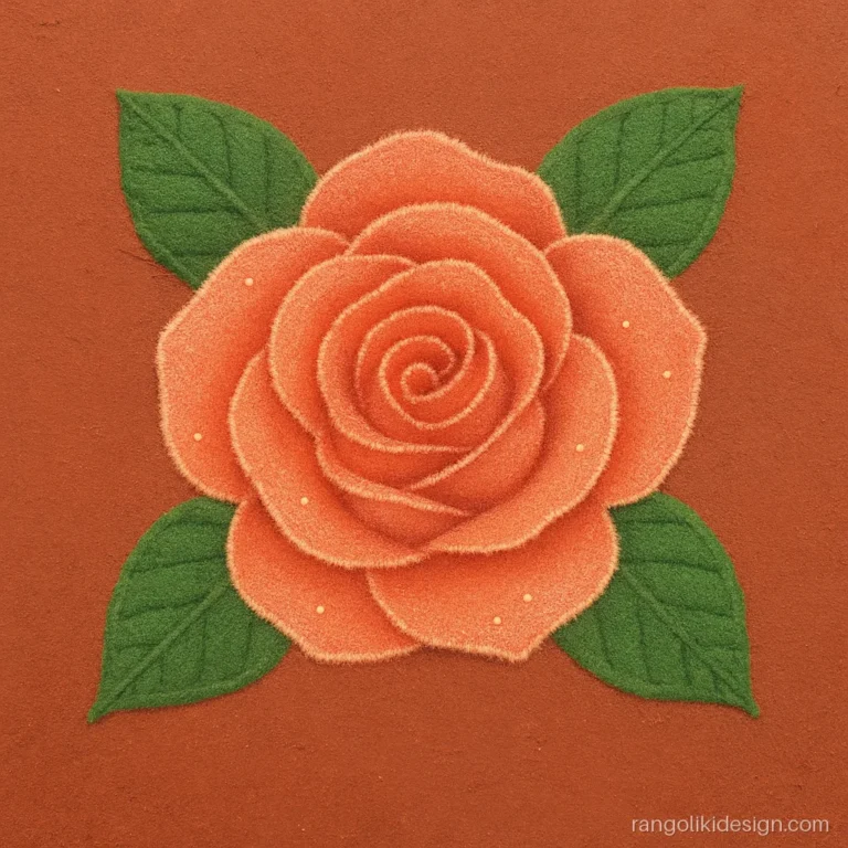 Beautiful free hand rangoli designs with a coral and peach rose and four leaves