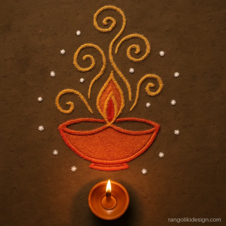 Free hand diwali simple rangoli designs with a diya and curling gold swirls