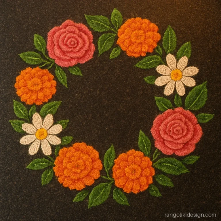 Free hand new rangoli designs with a round wreath of mixed flowers and leaves