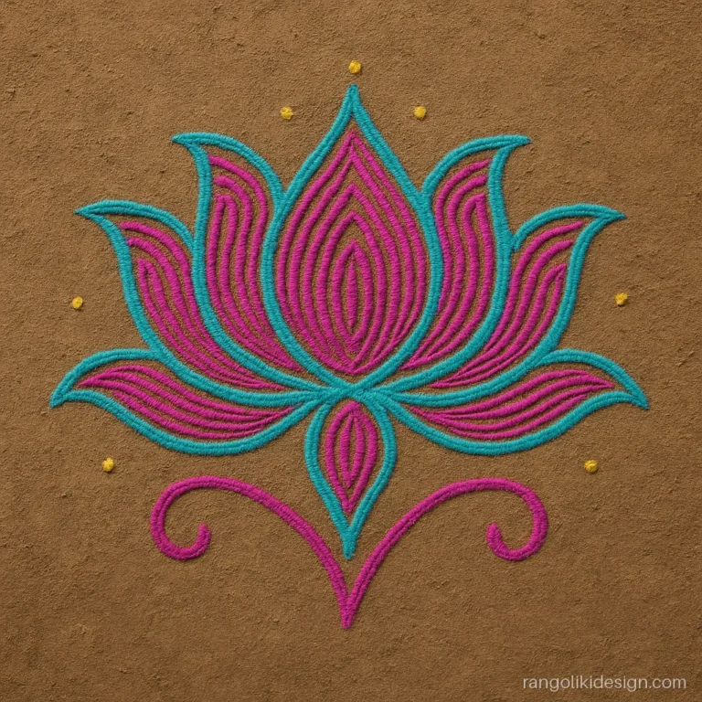 Modern freestyle rangoli designs with a swirling turquoise and magenta lotus