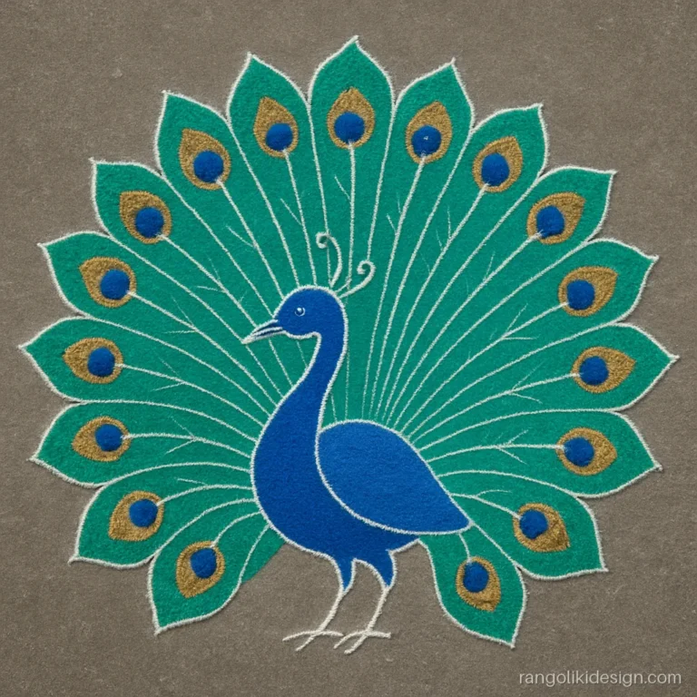 Beautiful free hand simple rangoli designs with a dancing peacock and open fan tail
