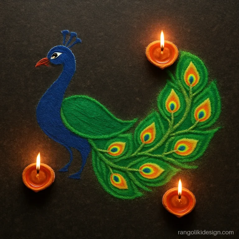 Free hand rangoli designs for diwali with a peacock whose feathers end in diyas