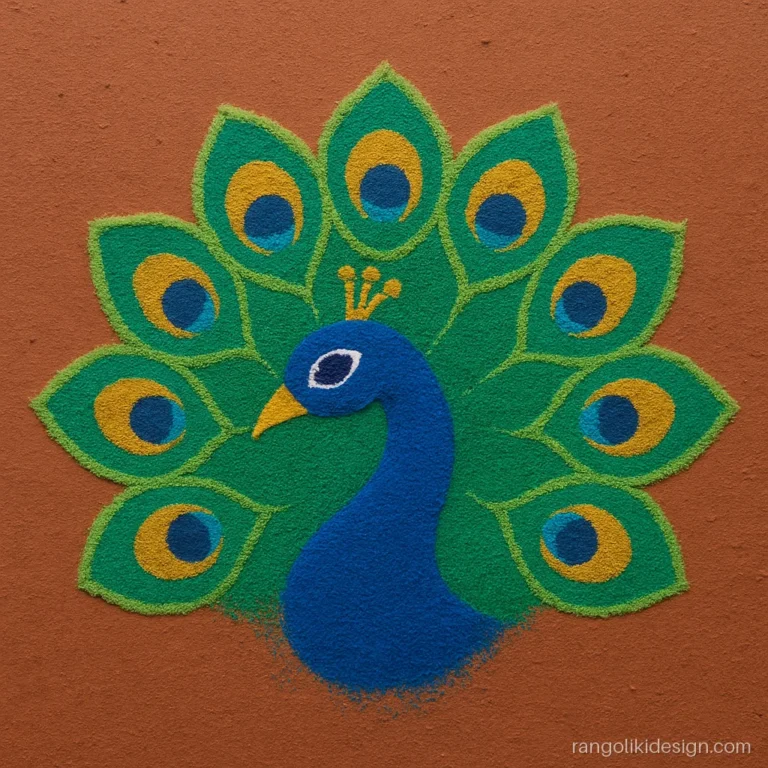 Free hand rangoli with a peacock head and seven feather eyes in a half circle