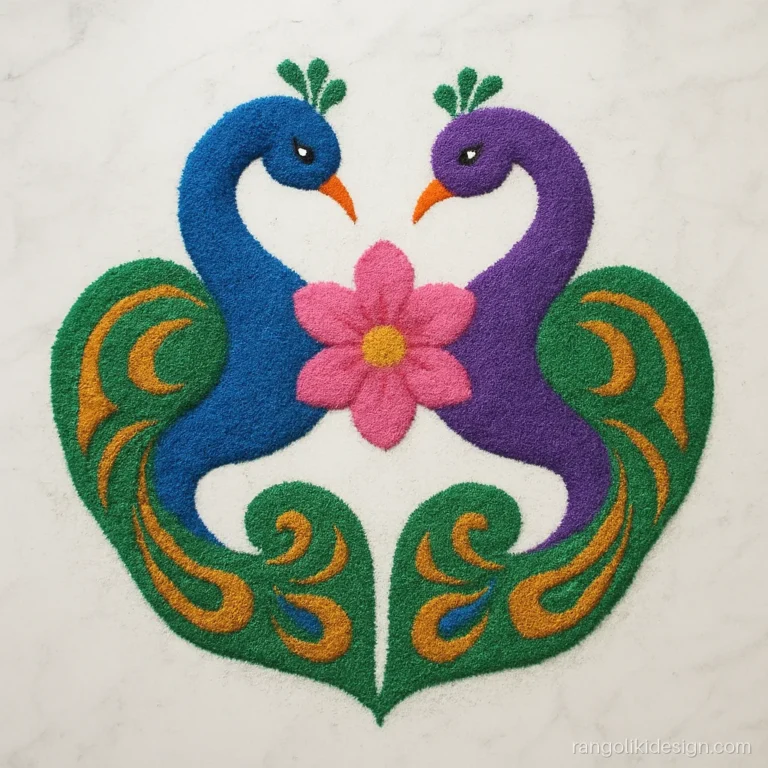Free hand rangoli designs with two peacocks whose necks form a heart