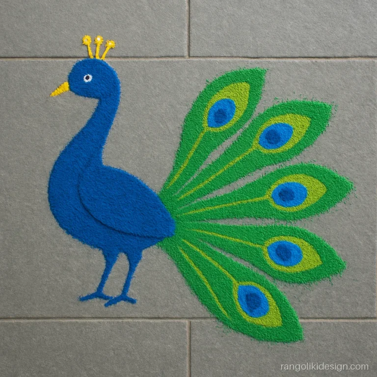 Free hand rangoli design with a simple blue peacock and a trailing green tail