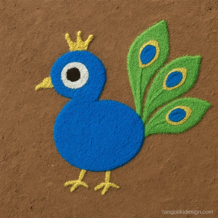 Beautiful small free hand rangoli with a cute round peacock for kids
