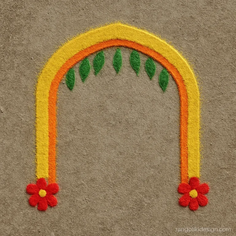 Free hand simple rangoli designs for home with a yellow arch and mango leaf toran