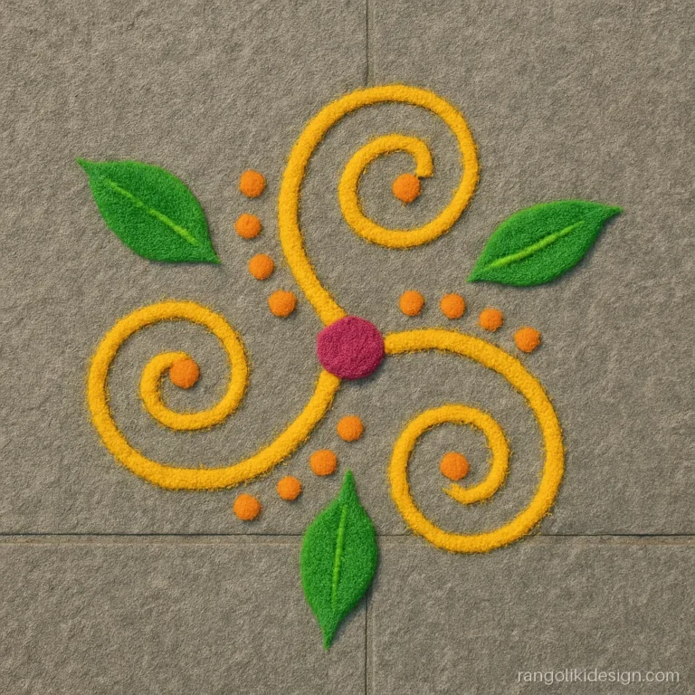 Free hand simple rangoli design with three swirling lines ending in green leaves