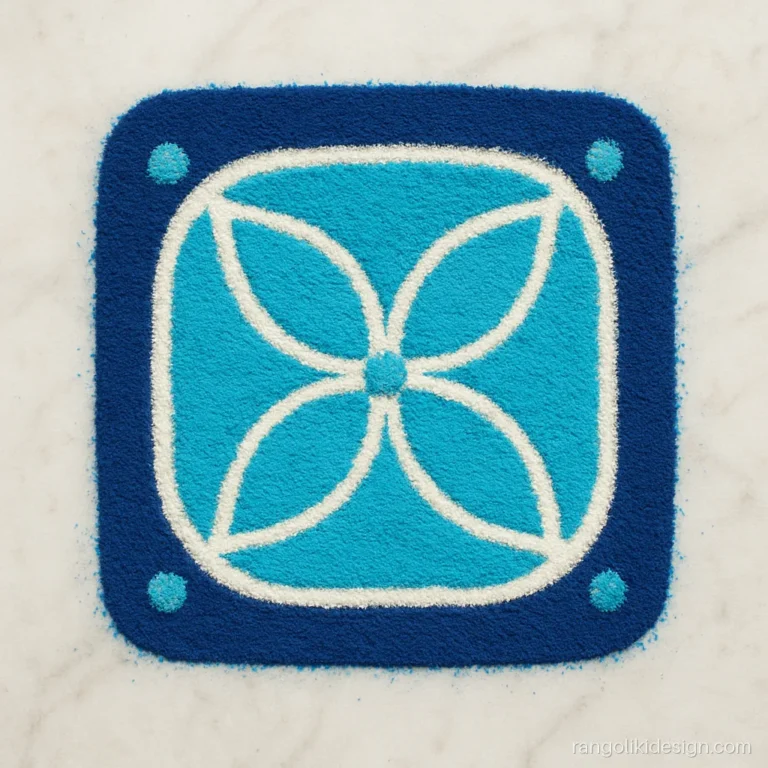 Free hand square rangoli designs with four curved blue petals inside a square