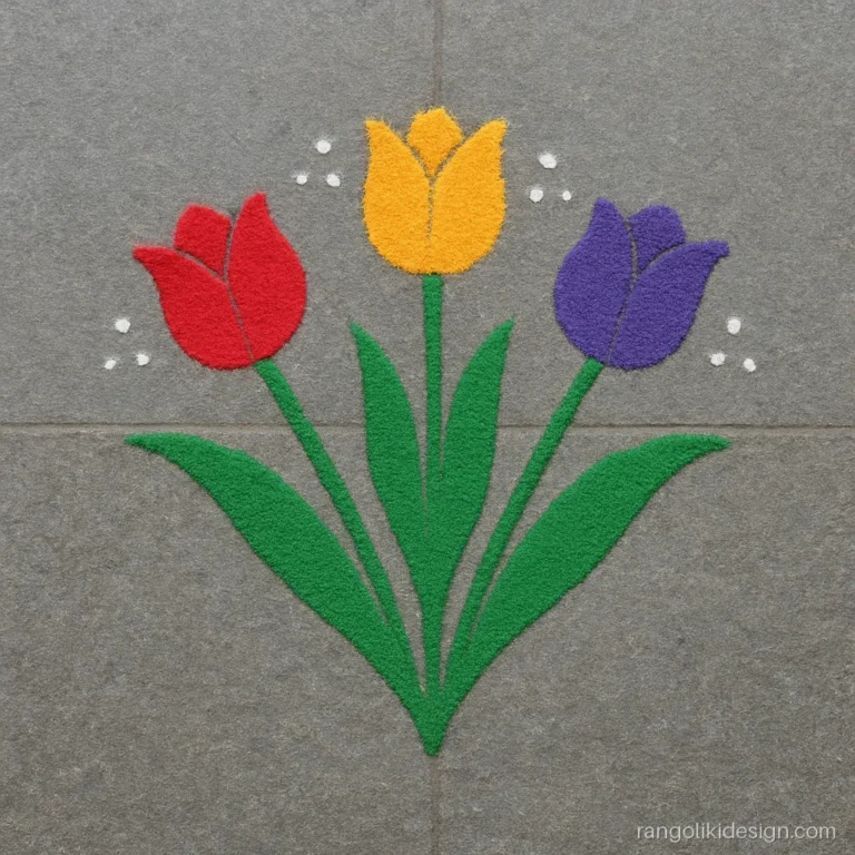 Free hand flower rangoli with three tulips in red, yellow and purple