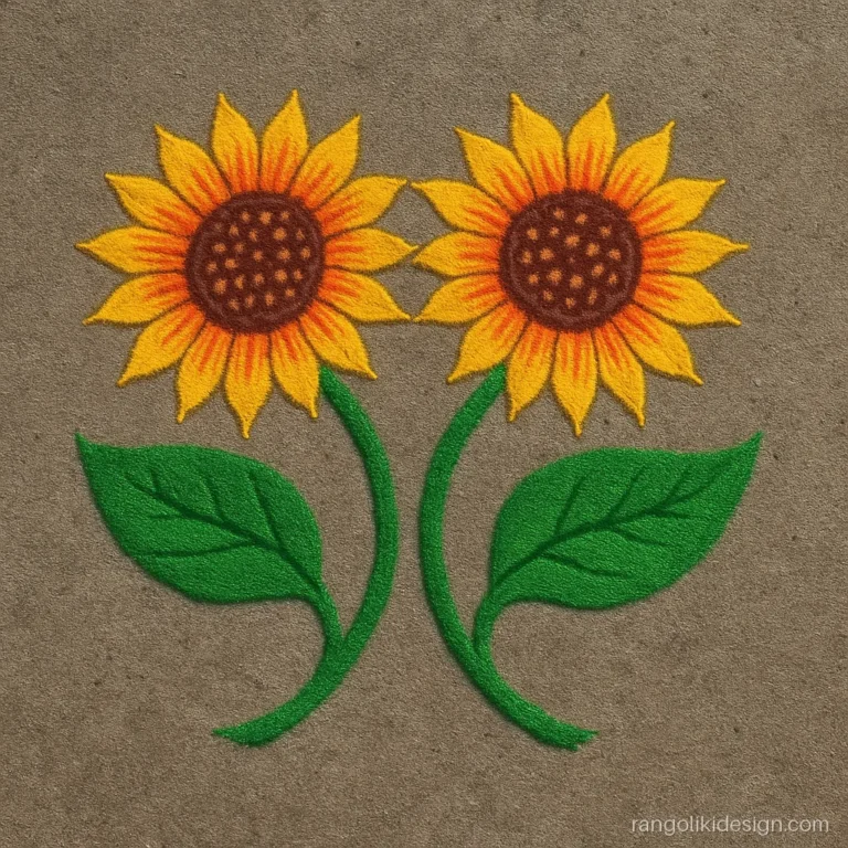 Free hand rangoli designs with colours showing two sunflowers facing each other