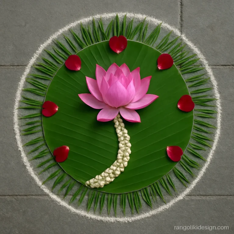 Ganpati flower rangoli designs with banana leaf base and a lotus centre