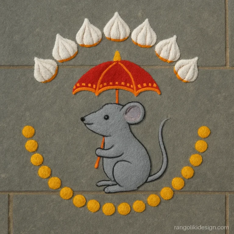 Ganpati bappa rangoli of a mouse holding a small umbrella under a modak garland