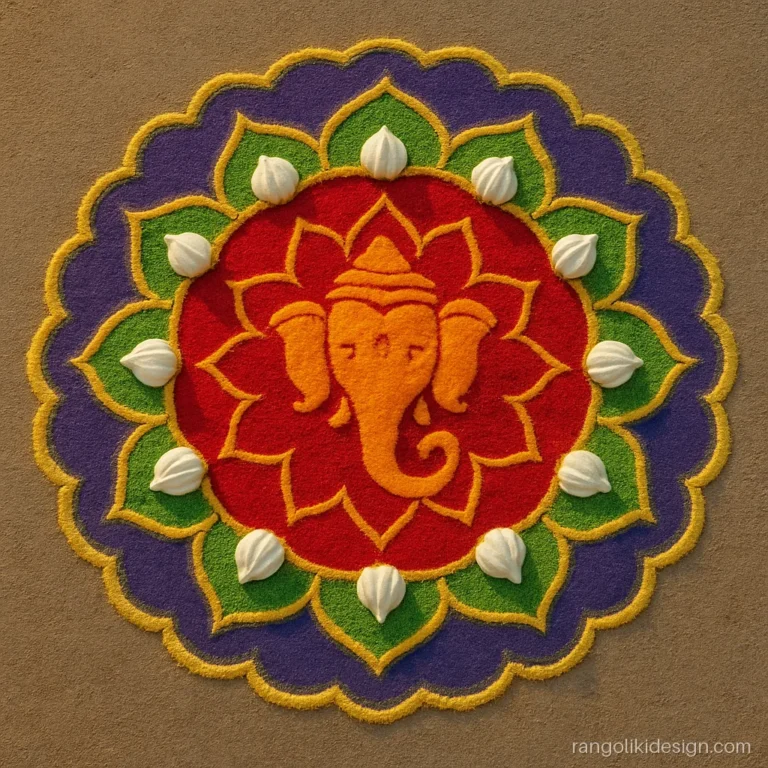 Ganesh Chaturthi rangoli design with a big mandala and modak ring for a pandal