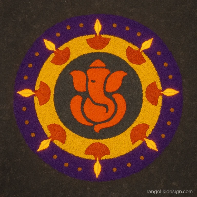 Easy Ganesh rangoli design for Diwali with a ring of eight diyas