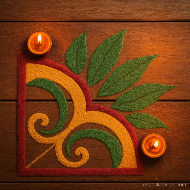 Ganpati rangoli designs for home entrance corner with leaves and diyas