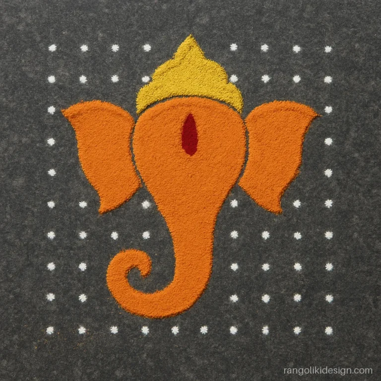 Ganesha rangoli design made on a 9 by 9 dot grid with orange fill