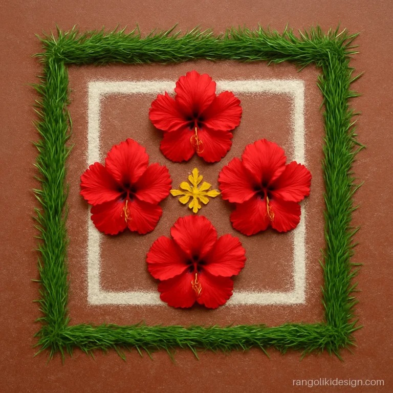 Floral Ganesh rangoli design with red hibiscus, durva grass and a square frame