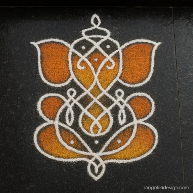 Ganapati rangoli design in kolam lines with white rice flour and colour