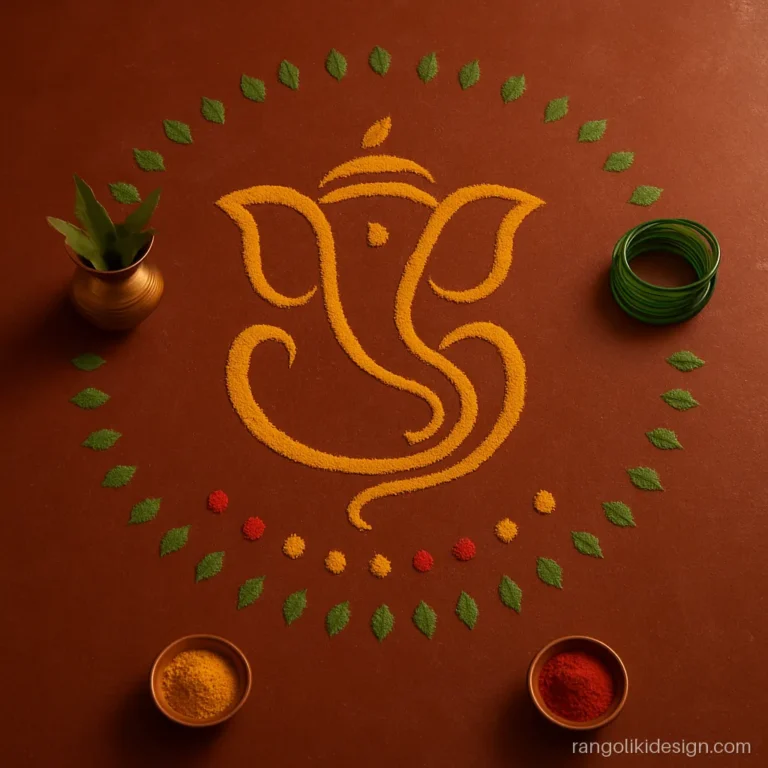 Gauri Ganpati rangoli with a Ganpati outline, green bangles and two kalash