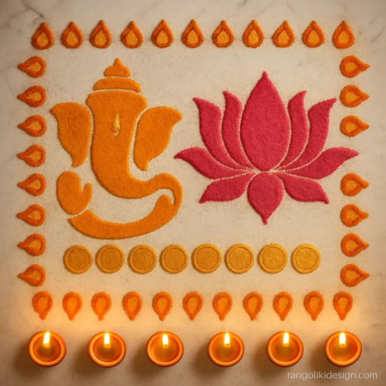 Laxmi Ganesh rangoli designs with a trunk outline, lotus and gold coins
