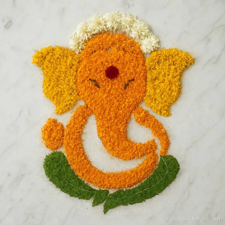Ganesh rangoli design with flowers: marigold petals forming a Ganpati outline