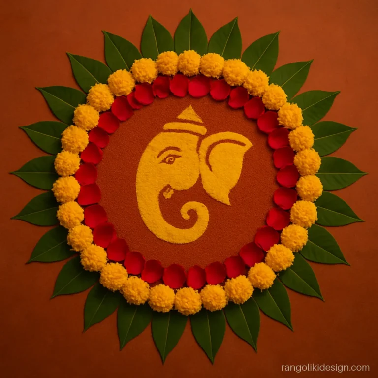 Ganesh rangoli with a powder centre and a ring of real rose and marigold petals