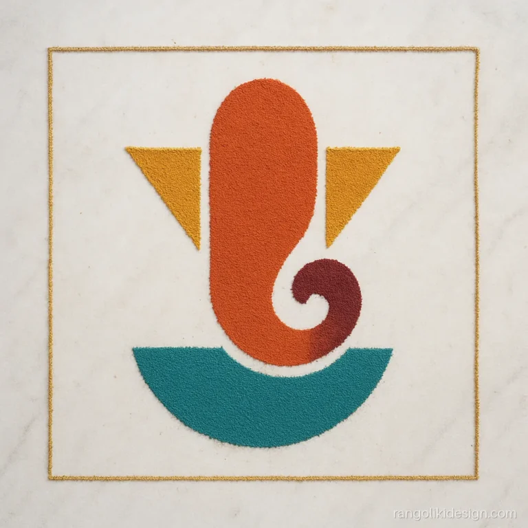 Simple modern Ganesh rangoli in clean geometric lines with a trunk curve and lotus