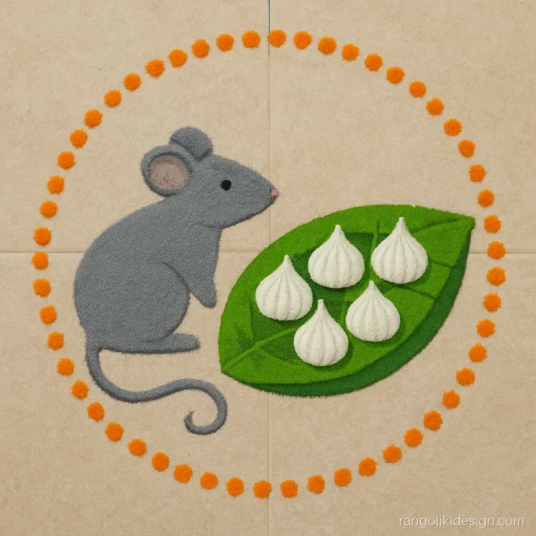 Easy ganpati rangoli with a small mouse beside a plate of modaks
