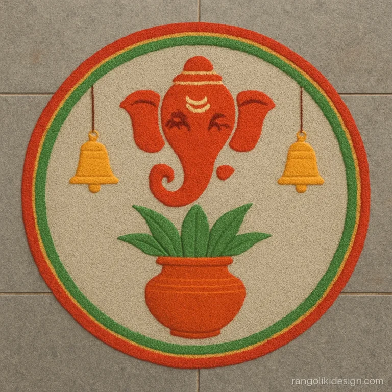 Ganpati rangoli designs for Diwali with two temple bells and a kalash
