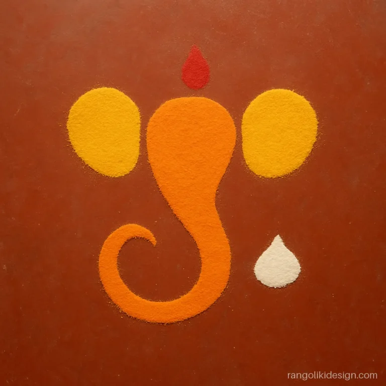 Simple Ganesh rangoli design with a curving trunk outline and a modak